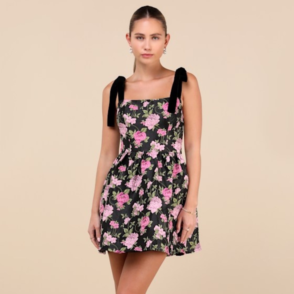Lulus Precious Luxury Black Floral Jacquard Tie-strap Mini Dress - Size M
